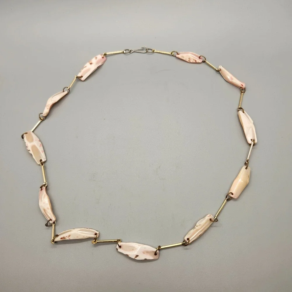 Vintage Mother Of Pearl Necklace Free Form Bead Chunks Gold Tone Chain